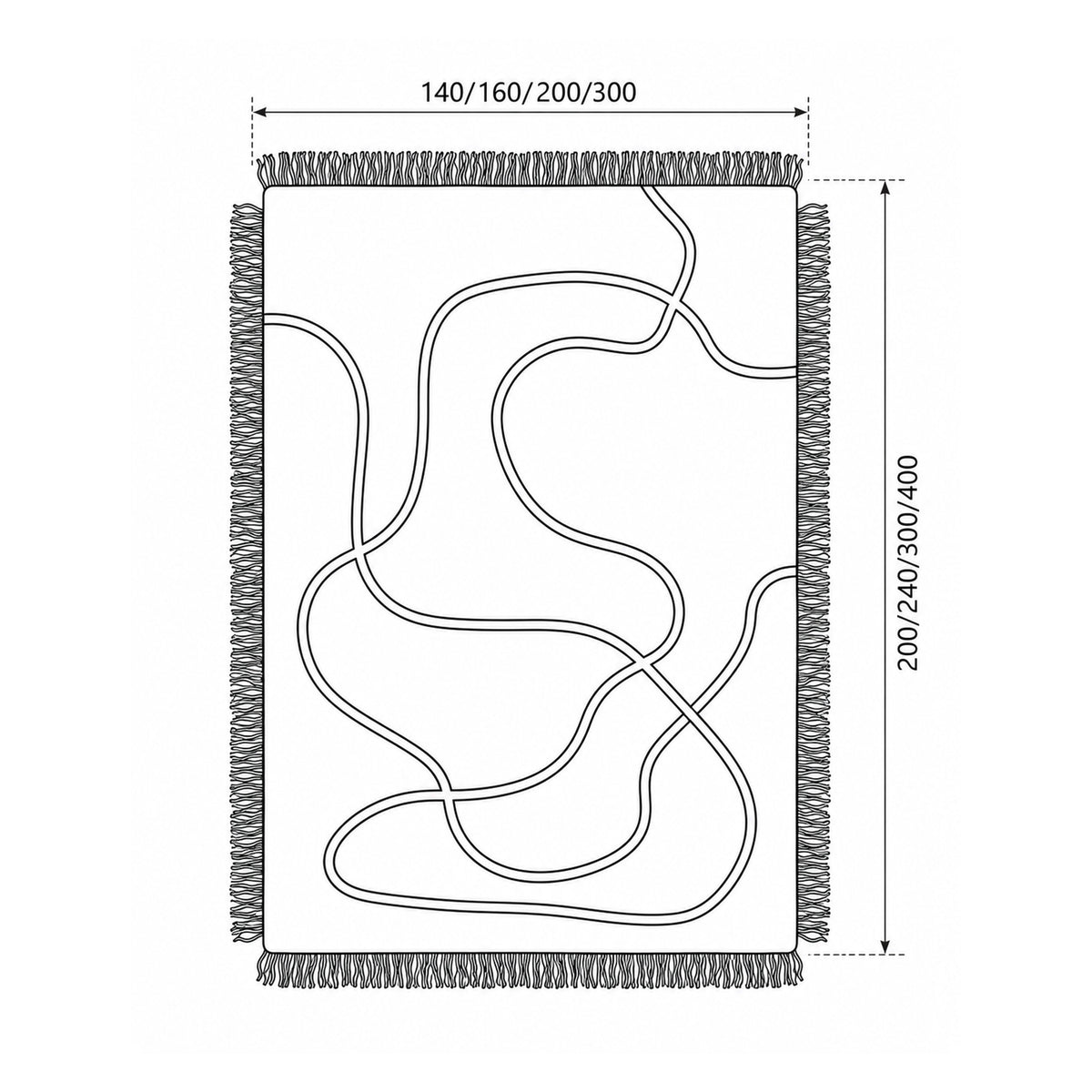 Tapis Serpello à franges et motif fluide de style bohème - dessin avec dimensions