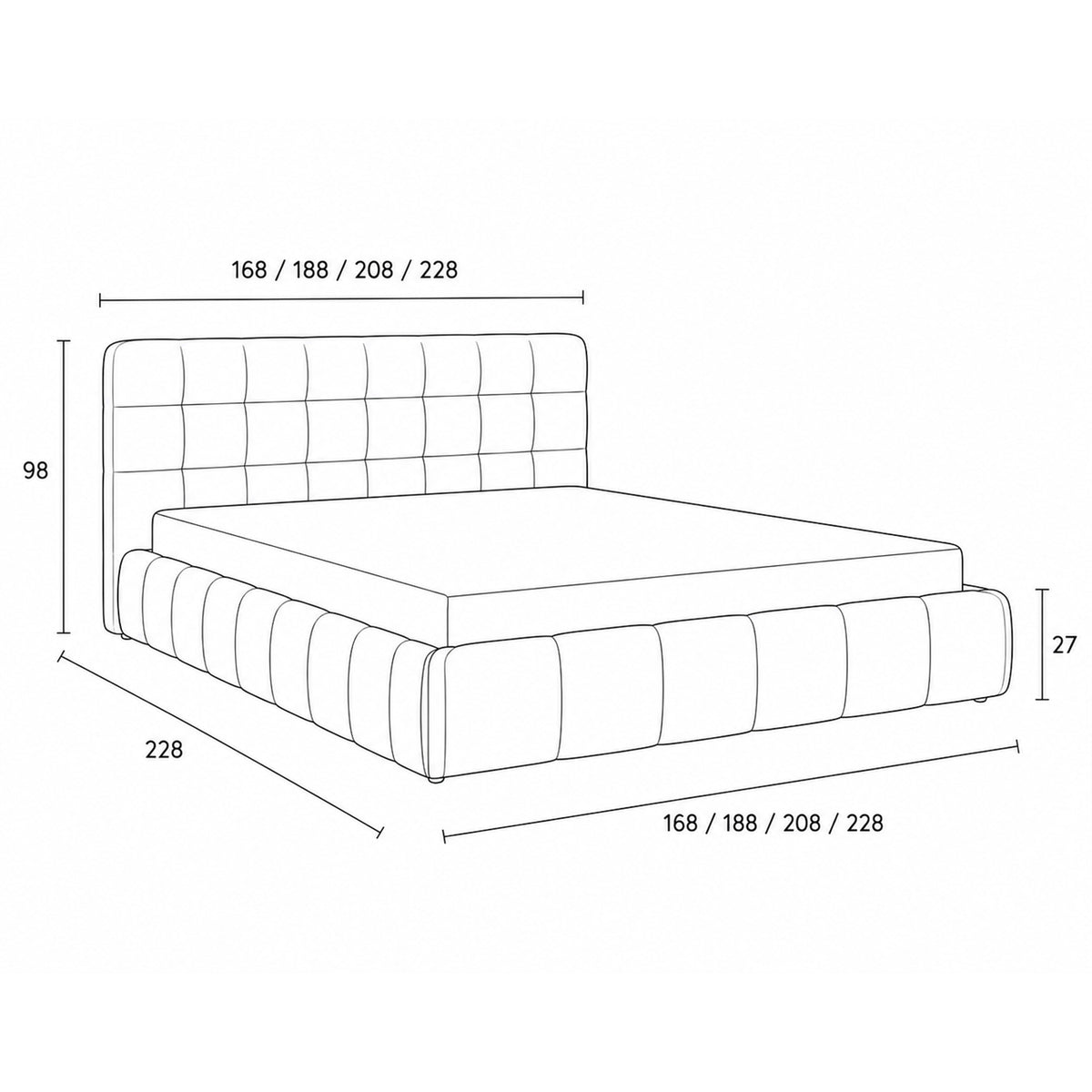 Talaro Quilted Upholstered Bed with a Low Frame, Modern Style – dimensions drawing