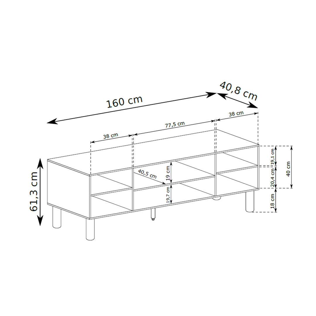 Meuble TV Fjord 160x62 avec de spacieux rangements de style scandinave - dessin avec dimensions