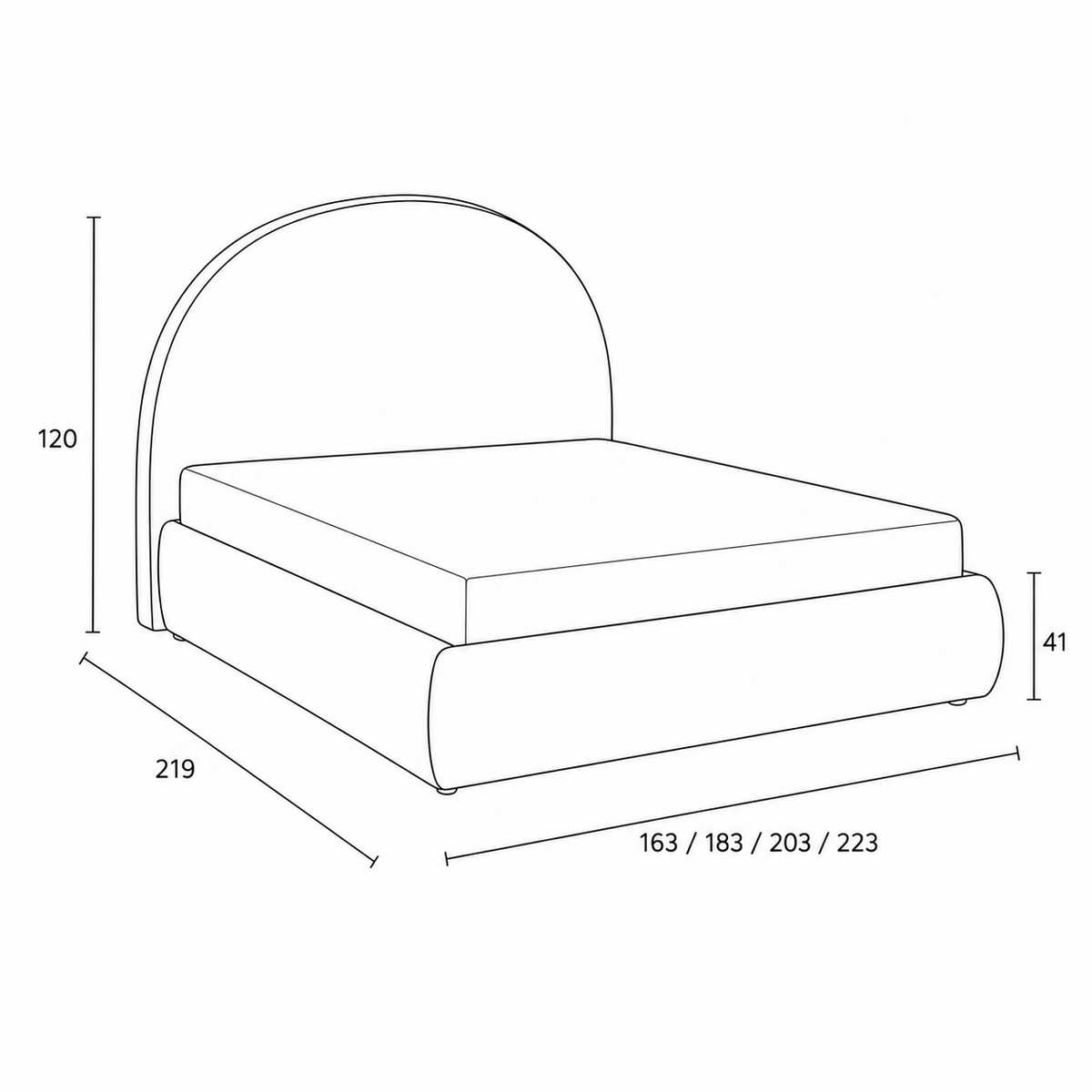 Orizo Upholstered Ottoman Bed with Storage and a Semicircular Headboard, Modern Style – dimensions drawing