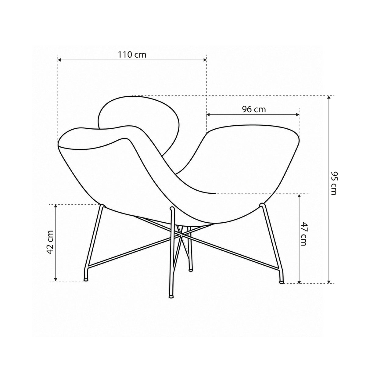 Fotel Lampardo typu motylek w stylu glamour – rysunek z wymiarami
