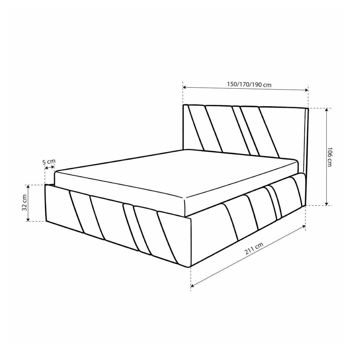 Raiz Quilted Upholstered Ottoman Bed with Storage, Various Sizes in Modern Style, Coral Fabric – dimensions drawing