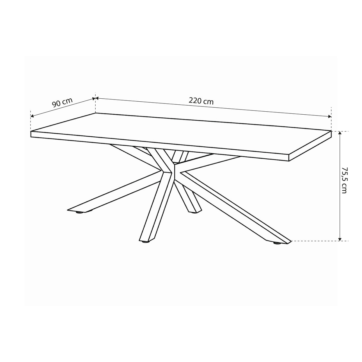 Stół Oryss Oak do jadalni 220x76 w stylu industrialnym – rysunek z wymiarami