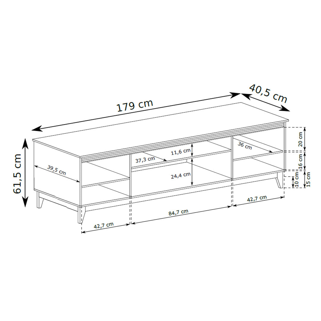 Meuble TV Serena 179x62 avec façades fraisées de style modern classic - dessin avec dimensions