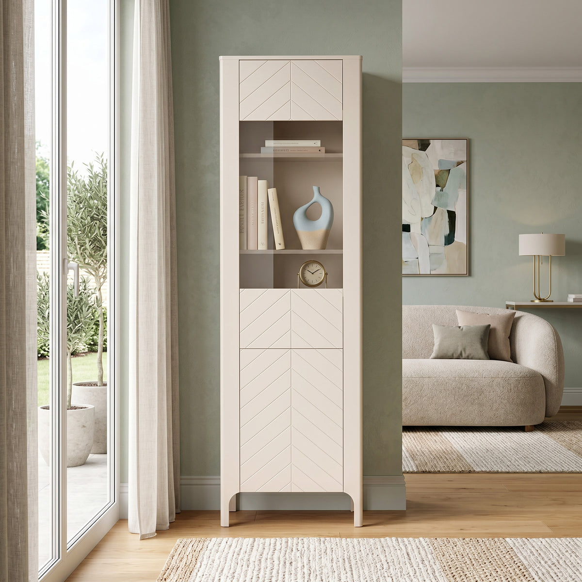 Haute vitrine EKLIPSO 60x197 avec vitrage au style moderne, coloris cachemire - dans un aménagement intérieur | Pillovely