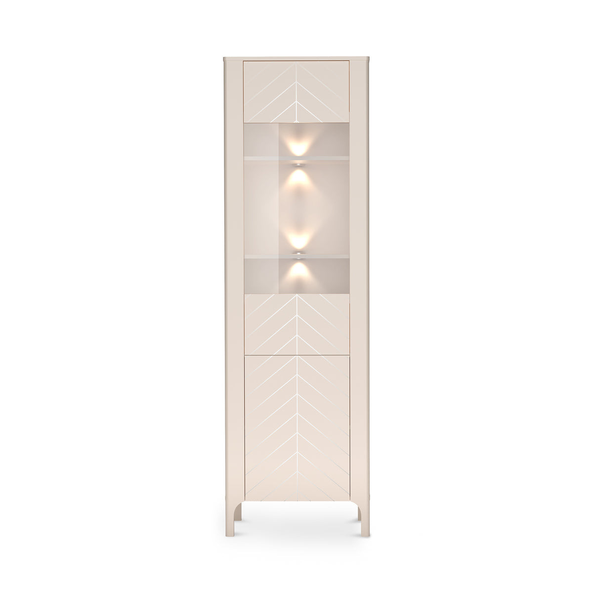 Vitrine haute EKLIPSO 60x197 avec vitrage au style moderne, coloris cachemire - vue de face avec éclairage LED | Pillovely