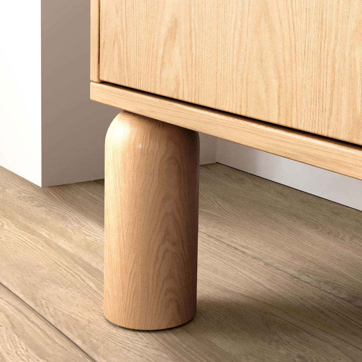 Regał Fjord 110x197 z otwartymi półkami i 3 szufladami w stylu skandynawskim – zbliżenie na detale i fakturę