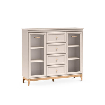 Serena Display Cabinet 142x126 with Glass Fronts and Drawers, Modern Classic Style – angled view | Pillovely