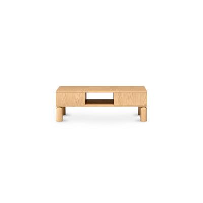 Table basse Fjord 110x37 avec niches ouvertes de style scandinave – vue de face
