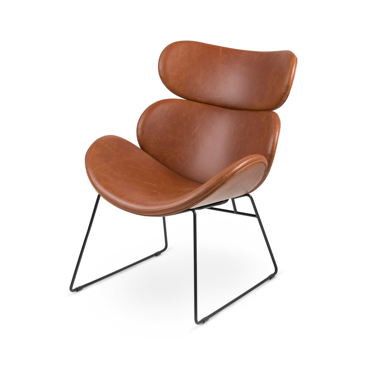 Ferum Loft Armchair with Contoured Backrest and Metal Base – Brown, Black metal