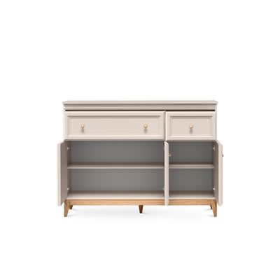 Komoda Serena 136x100 z szufladami i szafkami w stylu modern classic – z otwartymi frontami