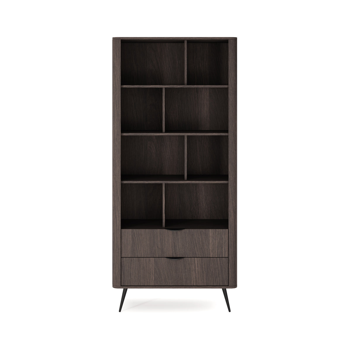Regał Velia 88x194 z otwartymi półkami i szufladami w stylu soft loft – widok z przodu