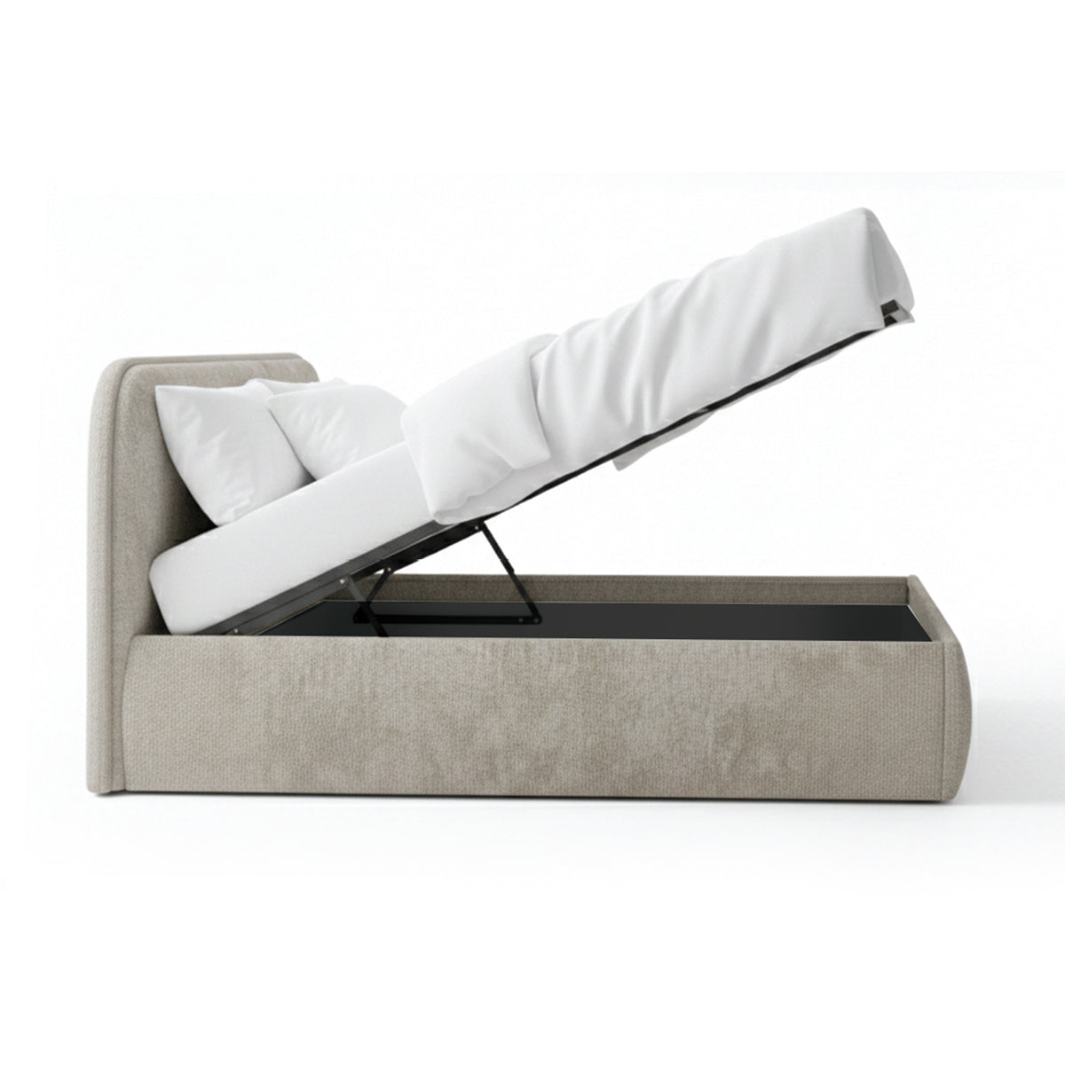 Eterial Upholstered Ottoman Bed with Storage, Soft Modern Style – with doors open
