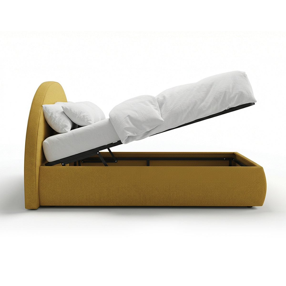 Orizo Upholstered Ottoman Bed with Storage and a Semicircular Headboard, Modern Style – with doors open