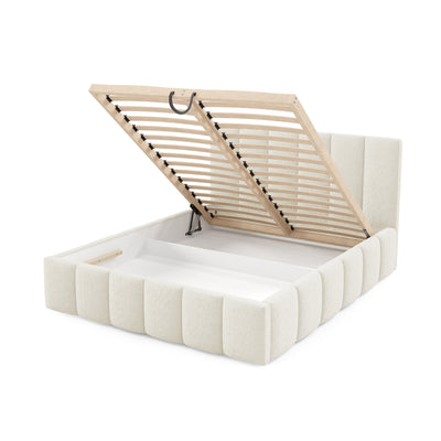 Nerom Quilted Upholstered Ottoman Bed with Bedding Storage, Various Sizes in Elegant Style, Lambi Fabric – with doors open