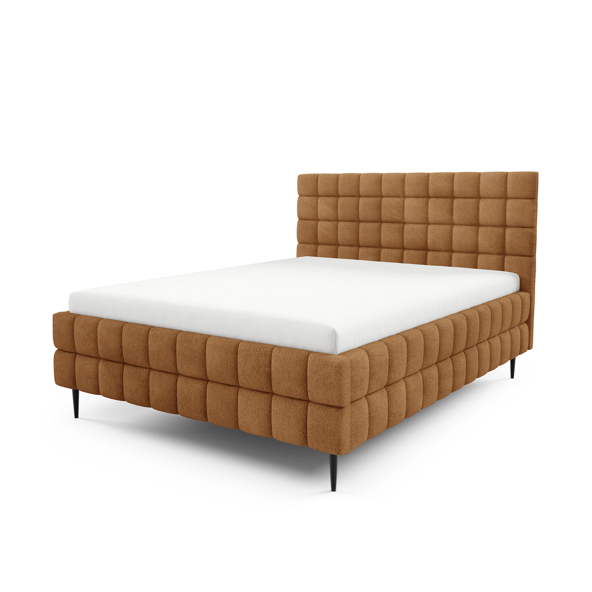 Stratus Upholstered Ottoman Bed with Storage, Various Sizes in Modern Style, Coral Fabric – Caramel Brown (CORAL 35)