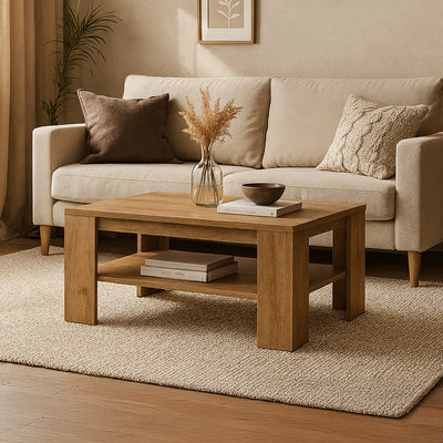 Table basse de salon Gorky 103x38 avec étagère de style scandinave - dans un aménagement intérieur