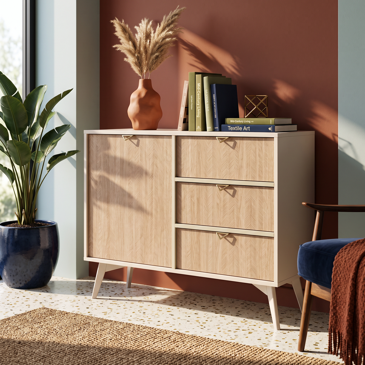 Mandala Sideboard 106x80 with Drawers and Cabinet, Japandi Style – in a room setting