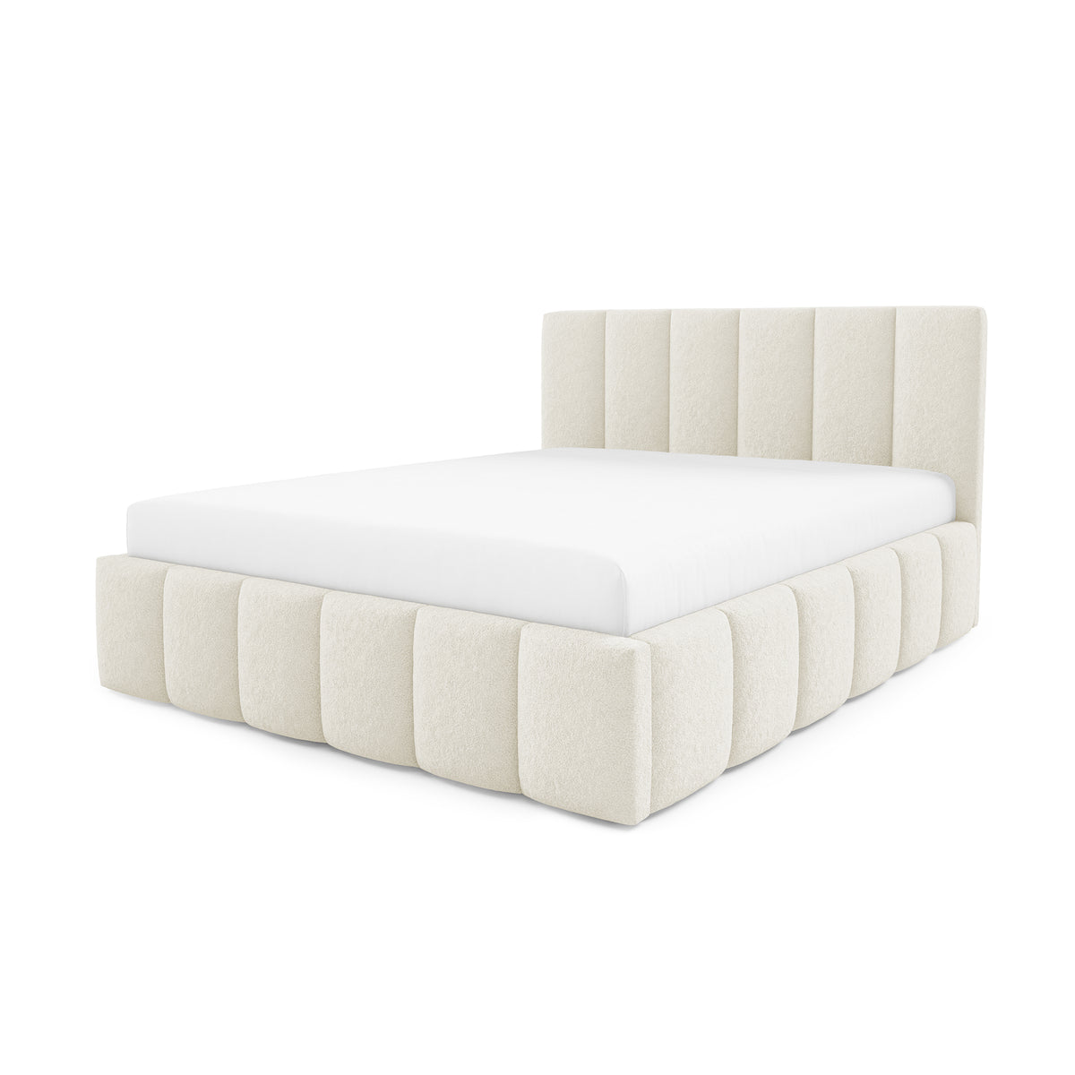 Nerom Quilted Upholstered Ottoman Bed with Bedding Storage, Various Sizes in Elegant Style, Lambi Fabric – Ivory Coast (LAMBI 01)