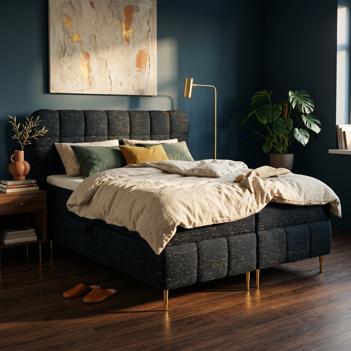 Domy Continental Divan Bed with Topper and Two Storage Compartments 140x200, 160x200 and 180x200, Classic Style – in a room setting