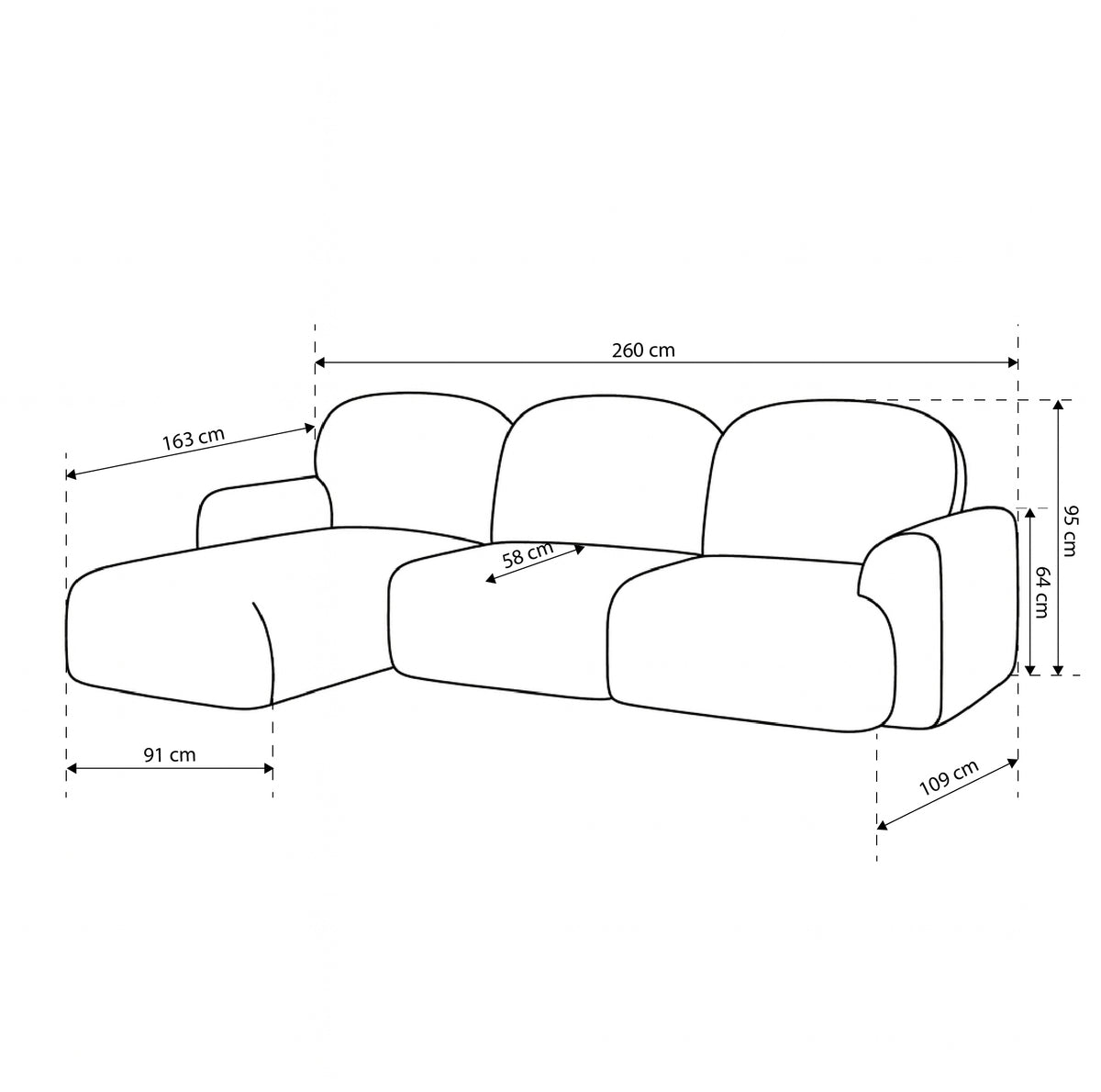 Bulu 3–4 Seater Corner Sofa Bed DL 260 cm, Modern Style – dimensions drawing