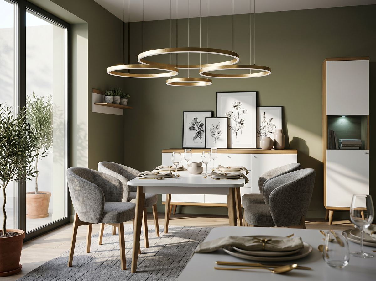 Bright dining room with a white Lato table, grey upholstered Melor chairs, a white and wood Lato sideboard and display cabinet and a gold Soliva pendant lamp