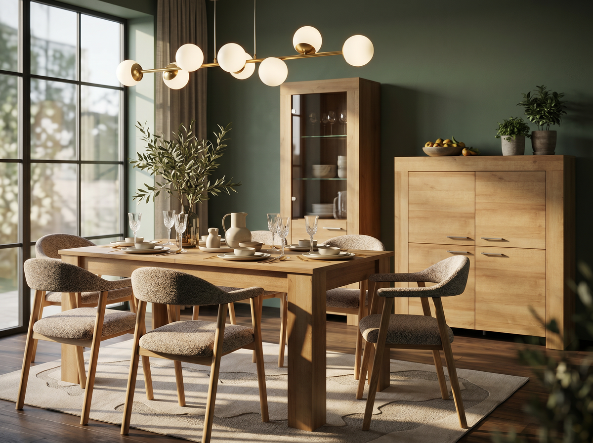 Bright dining room with a Gorky table, upholstered Hikari Komfort chairs, a Gorky sideboard and display cabinet and an Orbitella pendant lamp