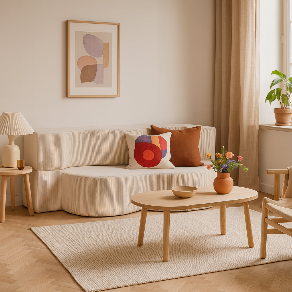 Sofa Kamelia piankowa wolnostojąca 200 cm, kanapa z funkcją spania w stylu japandi w tkaninie POSO – zdjęcie 3