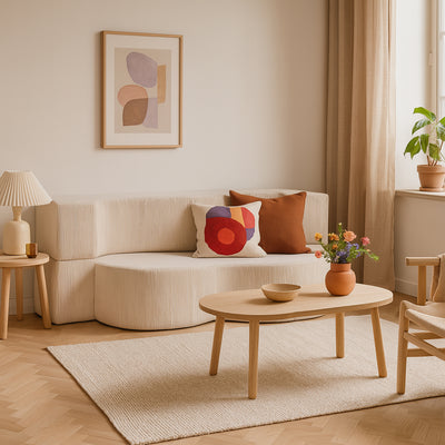 Sofa Kamelia piankowa wolnostojąca 200 cm, kanapa z funkcją spania w stylu japandi w tkaninie POSO – zdjęcie 3
