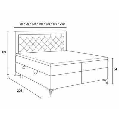 Rosselia Quilted Continental Divan Bed with Two Storage Compartments, Glamour Style – dimensions drawing