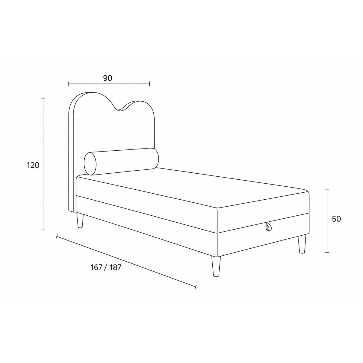 Mellia Kids Continental Divan Bed with a Wavy Headboard and Storage, Soft Modern Style – dimensions drawing