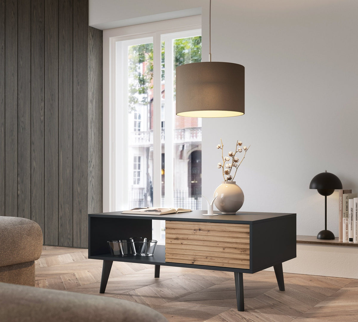 Las Coffee Table 104x48 cm with Drawer, Loft Style – in a room setting