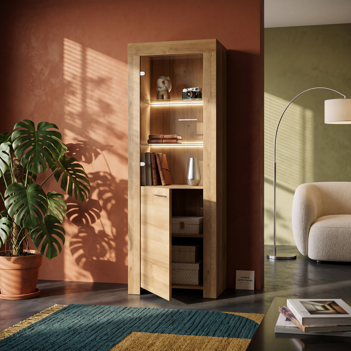 Gorky Glass Display Cabinet 70x197 cm with LED Lighting, Modern Style – in a room setting