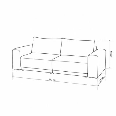 Sofa Zoria z funkcją spania 145 × 203 z pojemnikiem w stylu nowoczesnym – rysunek z wymiarami