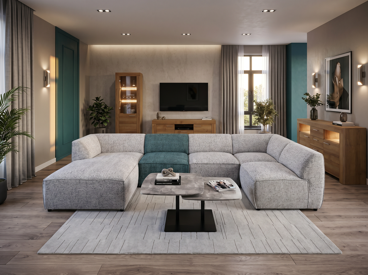 Modern living room with a light grey Brick modular sofa, a Dualis coffee table, wooden Gorky furniture and a light Linaro rug