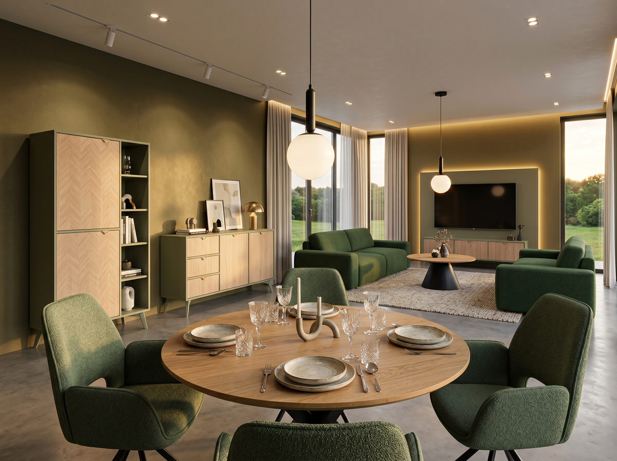 Modern living room with green Bamby sofas, a wooden Talin coffee table, a Stela Classic table, green Fente chairs and wooden Mandala furniture