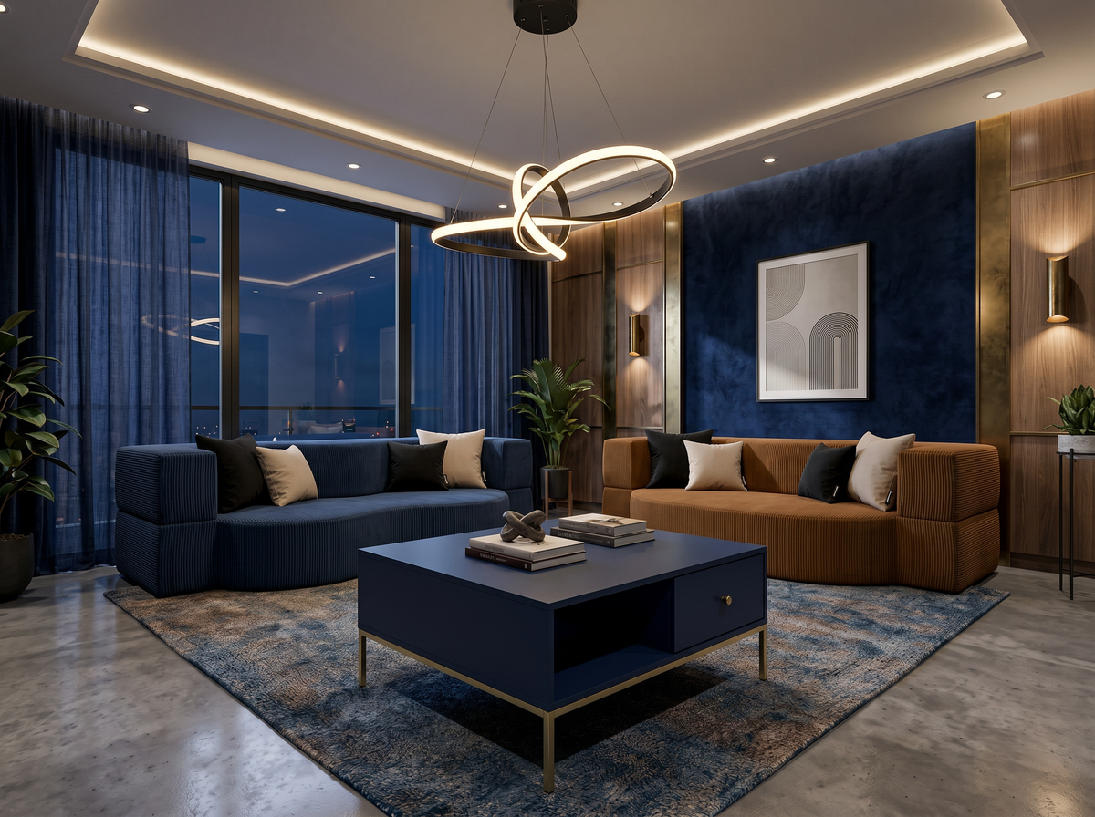 Elegant living room with navy and brown Kamela sofas, a dark Kviat TV unit and a decorative Loopra pendant lamp