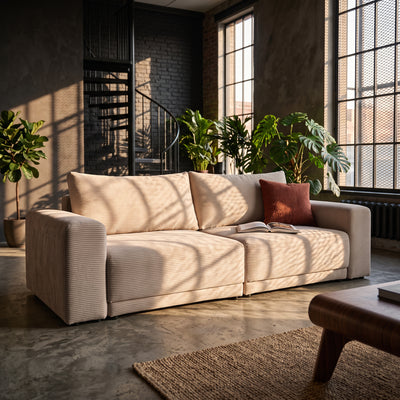 Sofa Zoria, kanapa z funkcją spania 145 × 203 z pojemnikiem w stylu nowoczesnym – w aranżacji wnętrza
