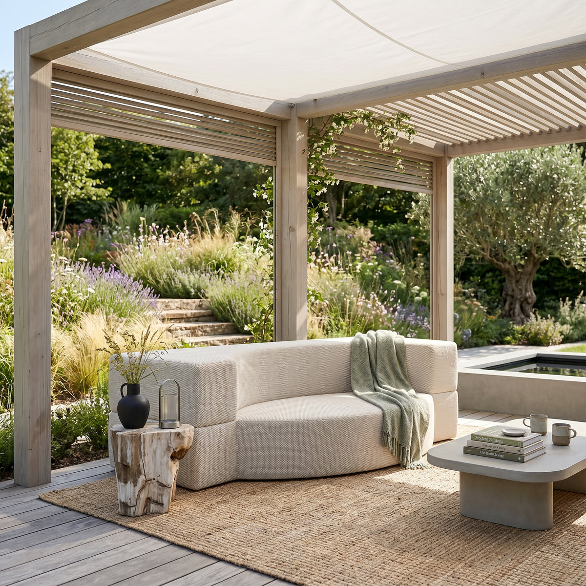 Lunaria Outdoor Foam Sofa 200x100x70 cm in Japandi Style in Harris Outdoor Fabric – in a room setting