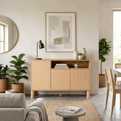 Komoda Fjord 3-drzwiowa 140x92 z otwartą wnęką w stylu skandynawskim – w aranżacji wnętrza