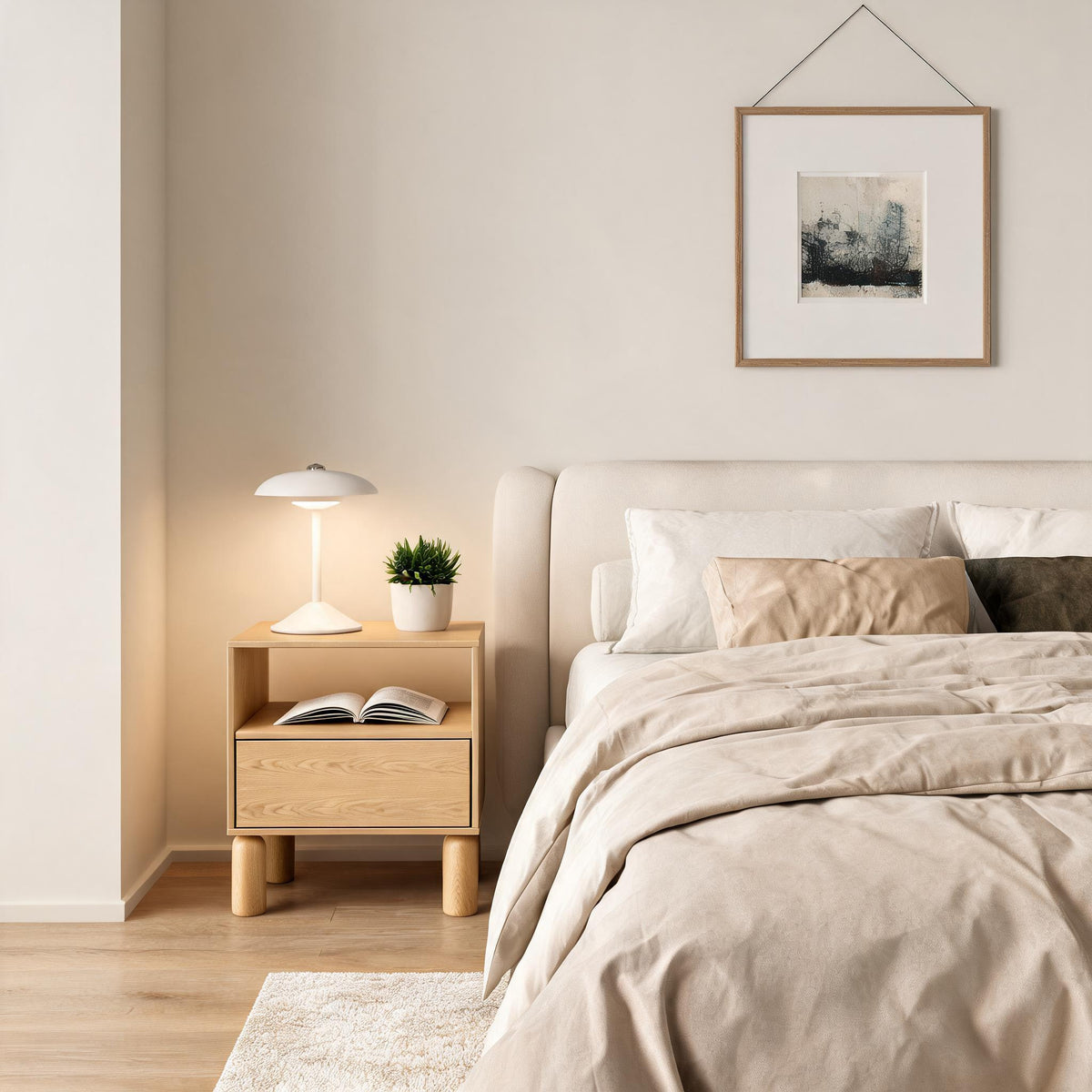Fjord Bedside Table 55x61 with a Drawer and an Open Compartment, Scandinavian Style – in a room setting