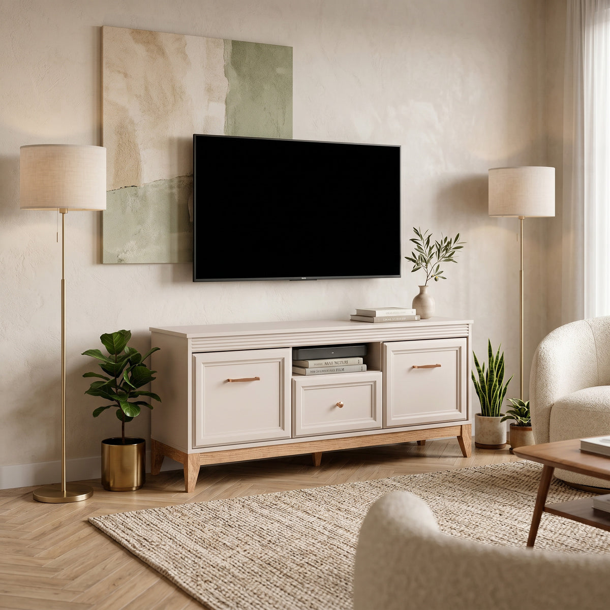 Serena TV Unit / TV Stand 136x62 with Fluted Fronts, Modern Classic Style – in a room setting