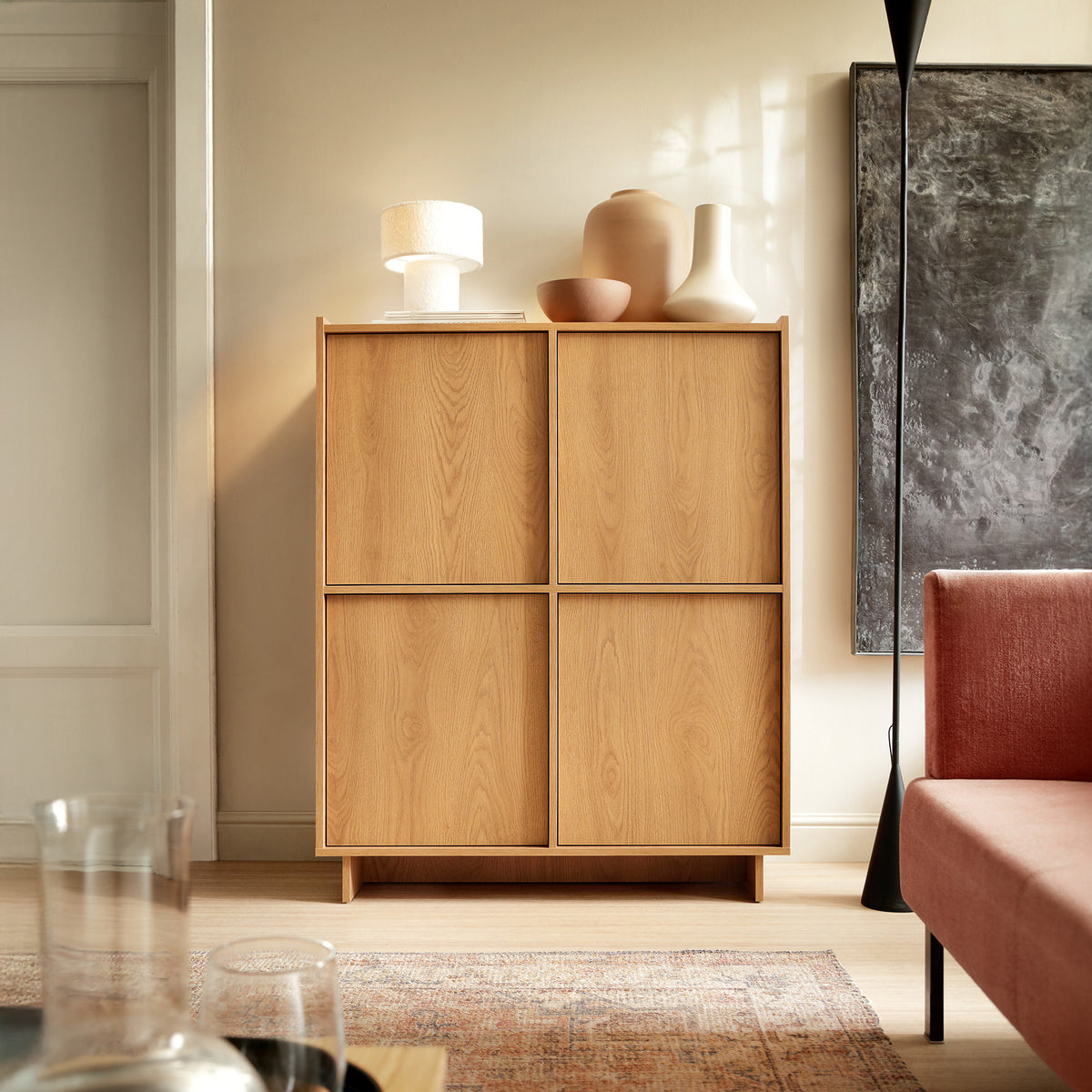 Kiyro Sideboard 98x124 with Shelves, Japandi Style – in a room setting
