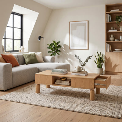 Table basse de salon Fjord 110x37 avec niches ouvertes de style scandinave - dans un aménagement intérieur