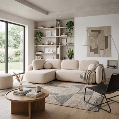 Narożnik z funkcją spania Olemo o powierzchni 123x250 w stylu organic modern – w aranżacji wnętrza