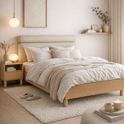 Lit rembourré Fjord 140/160x200 avec coffre de rangement, de style scandinave - dans un aménagement intérieur