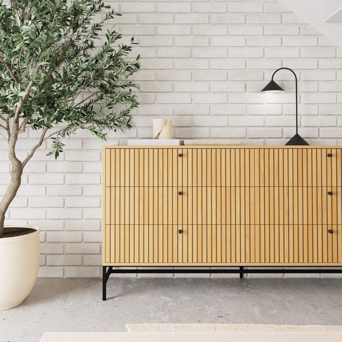 Commode Bambouz 158x81 avec façade à lattes de style moderne - dans une décoration intérieure