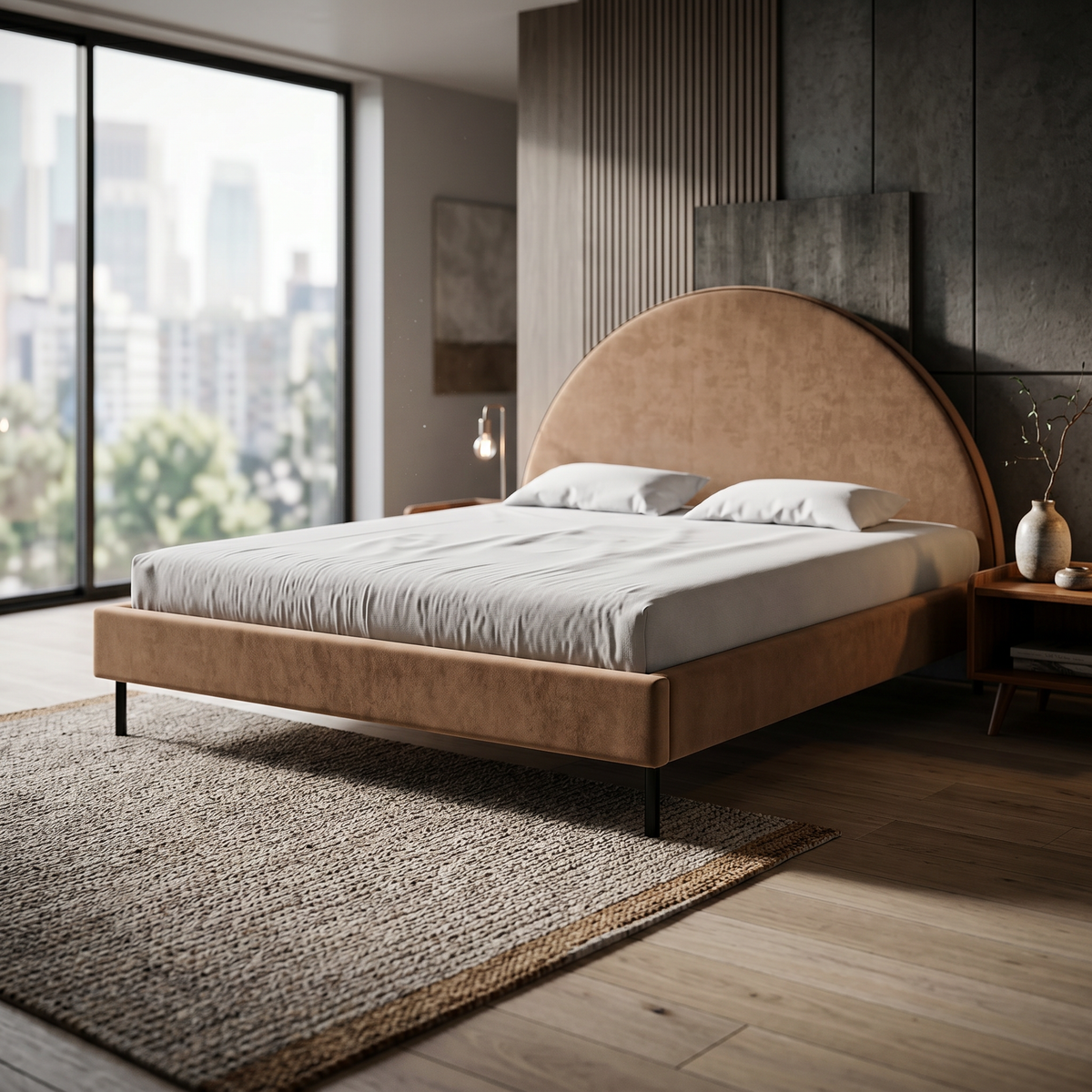 Zora Upholstered Ottoman Bed with a Semicircular Headboard and Storage 140x200, 160x200 and 180x200, Soft Modern Style – in a room setting
