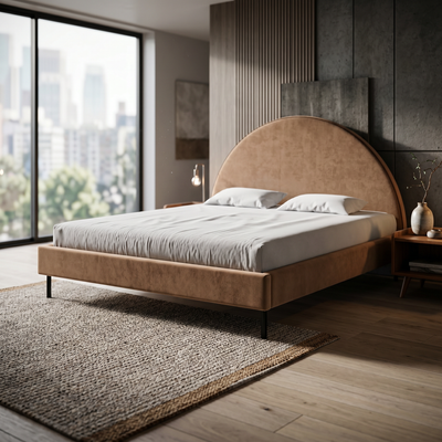 Łóżko tapicerowane Zora 140x200, 160x200 i 180x200 z półokrągłym zagłówkiem i pojemnikiem w stylu soft modern – w aranżacji wnętrza