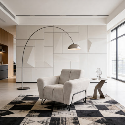 Nellia Upholstered Armchair, Modern Style, Storm Fabric – in a room setting